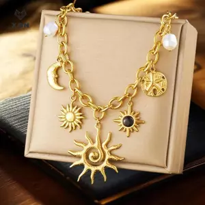 Mặt dây chuyền hình mặt trăng sao biển hợp thời trang Charm Nelace Tuyên bố bằng thép không gỉ Dây chuyền vàng Trang sức thời trang mạ PVD [Mina]