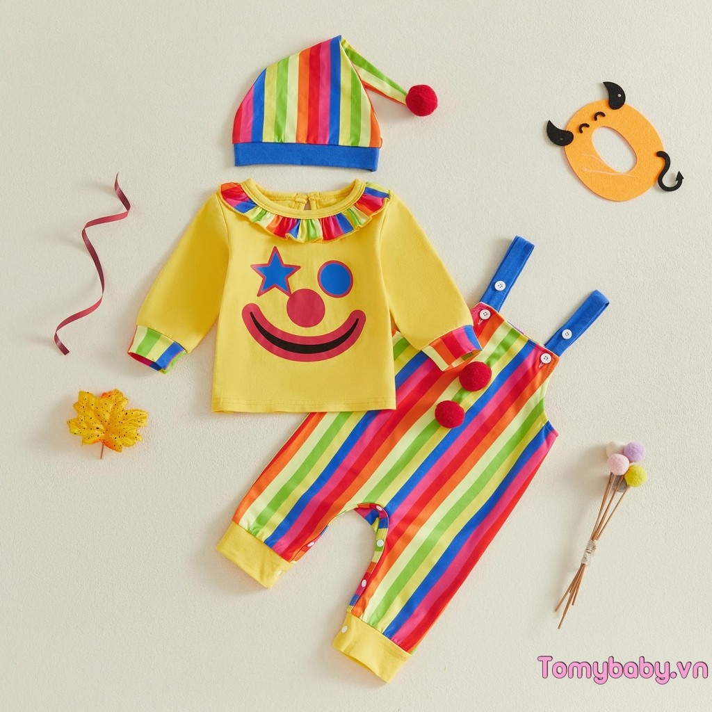 [lpDL] Trang phục chú hề Halloween cho bé trai Áo dài tay in hình chú hề + Quần sọc + Bộ mũ