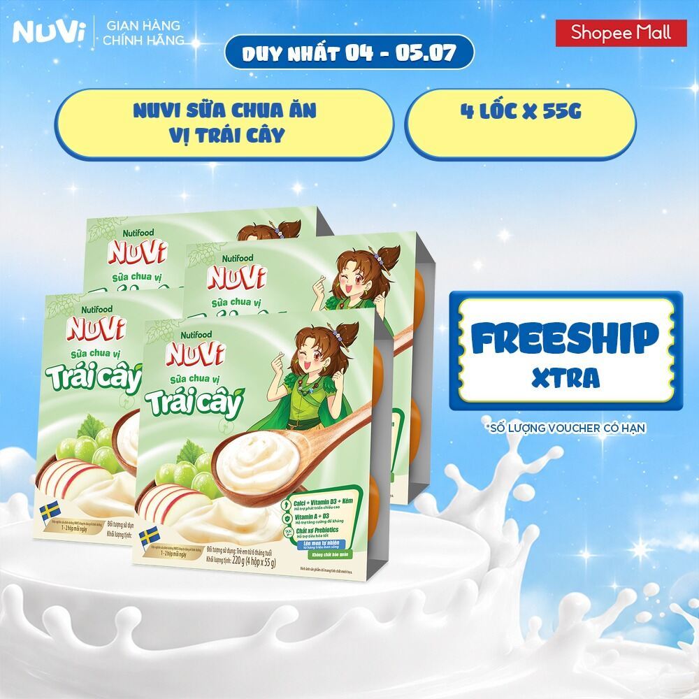 Combo 4 Lốc NuVi Sữa Chua Ăn Vị Trái Cây 55g/hộp