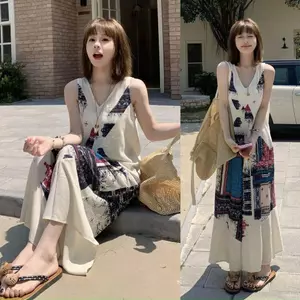 Bộ áo liền quần in hình cổ điển Đảo mùa hè Dây đeo không tay cổ chữ V Dây đeo treo rộng dáng rộng dáng rộng dáng ôm hơn kỳ nghỉ Nhảy sang trọng