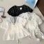 Áo babydoll cổ V voan tơ hoạ tiết, áo kiểu nữ nhún viền buộc nơ clothing SG M7551066- Alisa 95 - Usmark - Hieuvy Botique
