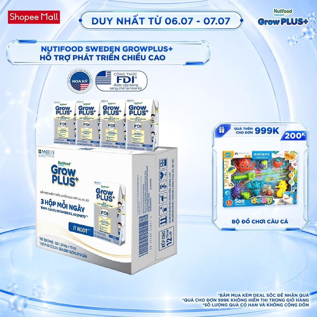 Thùng 24 hộp Sữa Bột Pha Sẵn Nutifood Sweden GrowPLUS+ Cao lớn vượt trội Height hộp 110 ml
