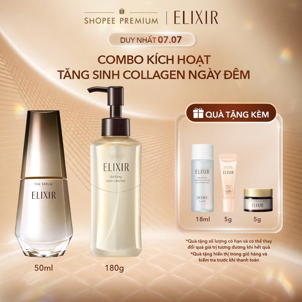COMBO Tinh chất trẻ hóa làn da Elixir THE SERUM 50ml + Gel rửa mặt sạch sâu, dưỡng ẩm Elixir Clarifying Warm Cleanser