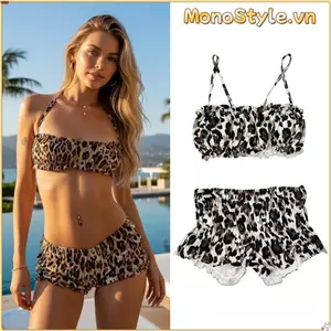 Đồ bơi nữ MONOSTYLE, Bikini đi biển phong cách đeo cổ điển, Bộ 2 mảnh in họa tiết da báo thời trang Bộ bikini đệm đi biển