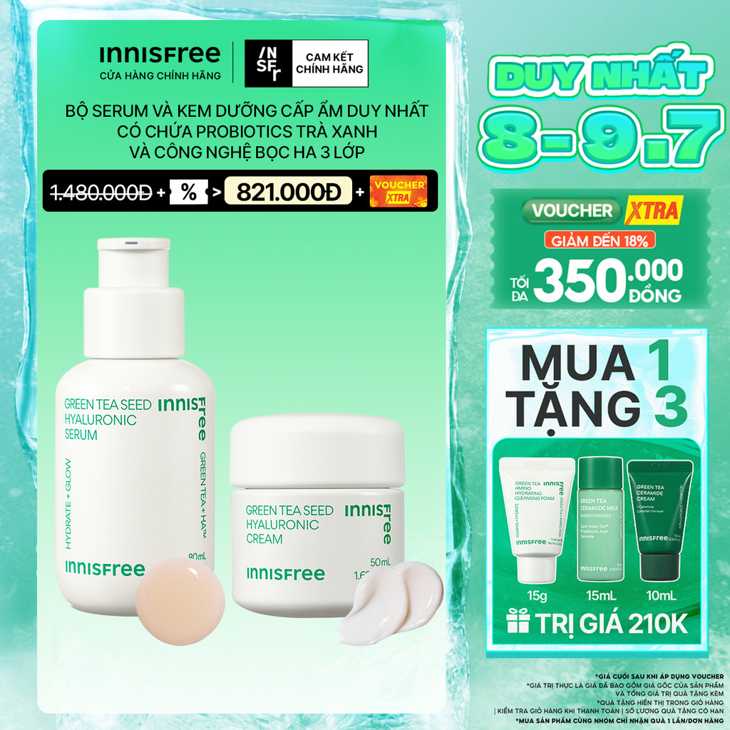 Bộ đôi Serum Trà Xanh INNISFREE cấp ẩm sâu, phục hồi da với Probiotics 80mL và Kem dưỡng ẩm trà xanh 50ml