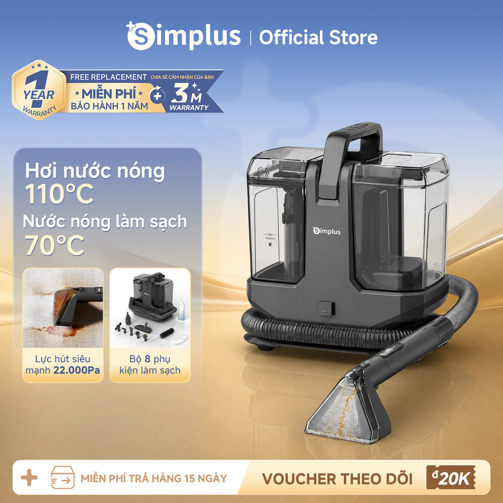 Simplus Máy giặt hút Hơi nước nhiệt độ cao 110℃ Chức năng nước nóng 70℃ Lực hút mạnh 22000Pa BYJH003