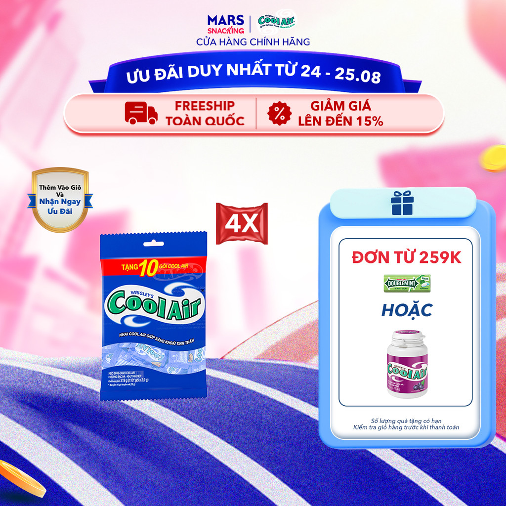 [400 gói tặng 40 gói] Combo 4 Túi Kẹo Sing-Gum Cool Air Hương Bạc Hà – Khuynh Diệp
