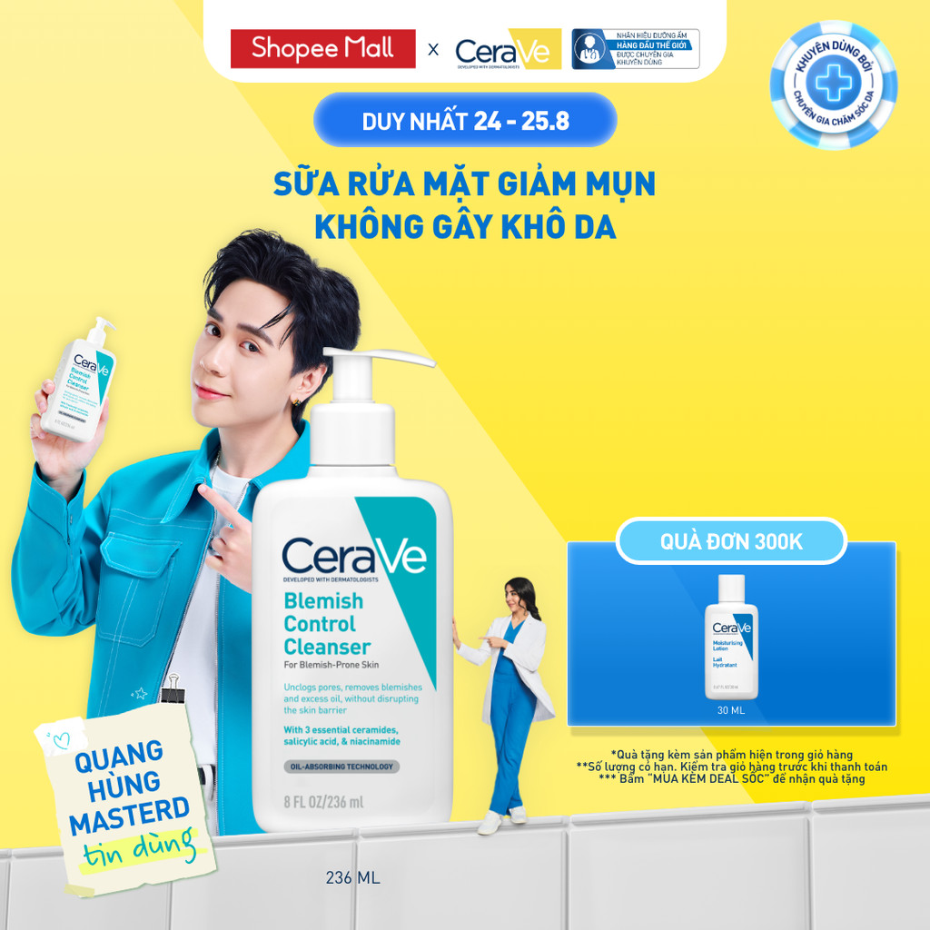 Sữa rửa mặt giảm mụn không gây khô da, không gây tổn hại bảo vệ hàng rào da – CeraVe Blemish Control Cleanser 236ml