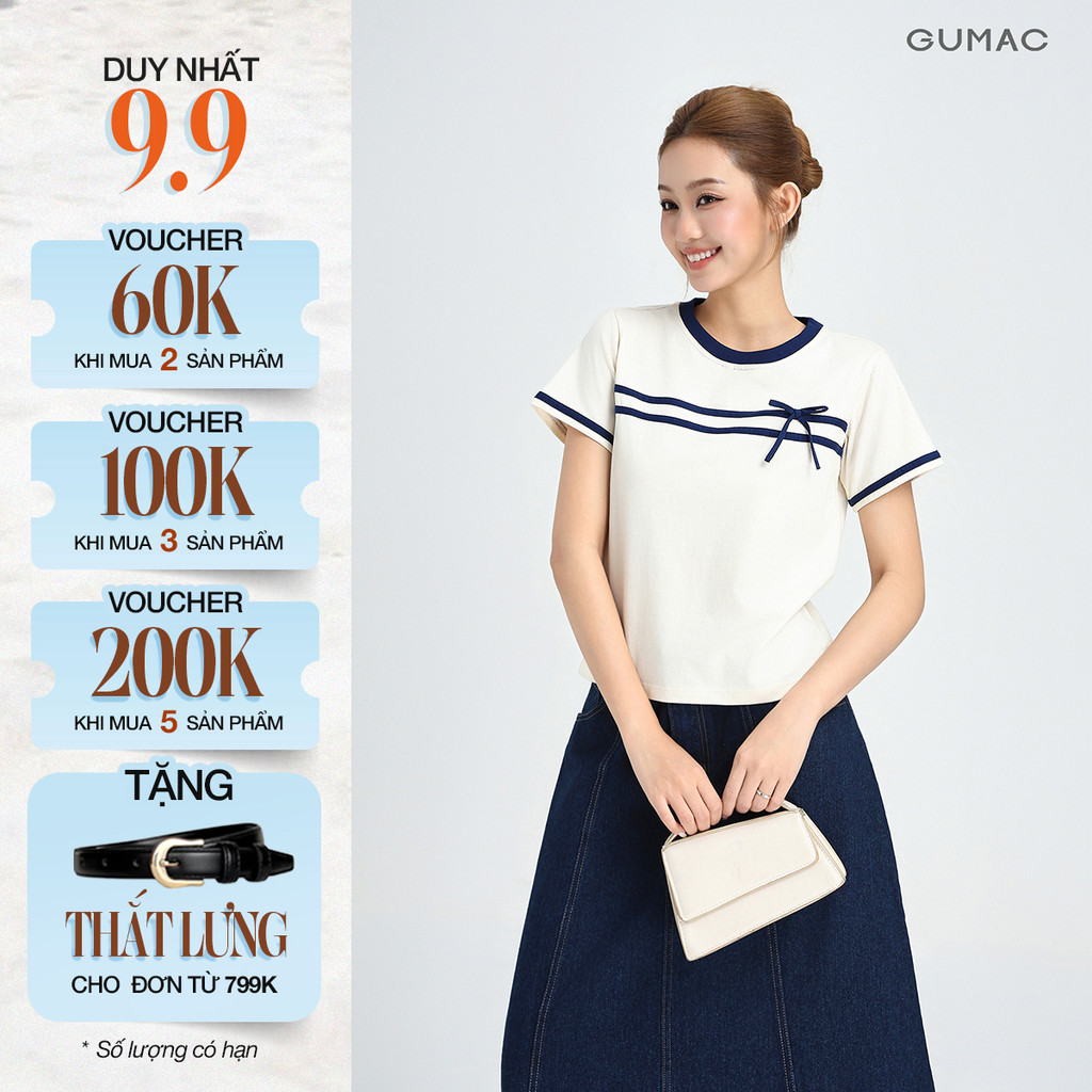 Áo Thun Nữ GUMAC Tay Ngắn Cổ Tròn Phối Bo Màu Đính Nơ Thanh Lịch LATF0423