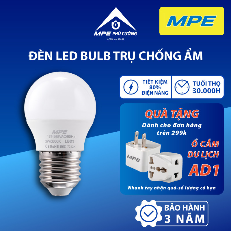 (CHÍNH HÃNG) MPE - Đèn LED bulb chống ẩm 3W - 5W - 7W - 9W - 12W -15W ánh sáng trắng - vàng tiết kiệm điện