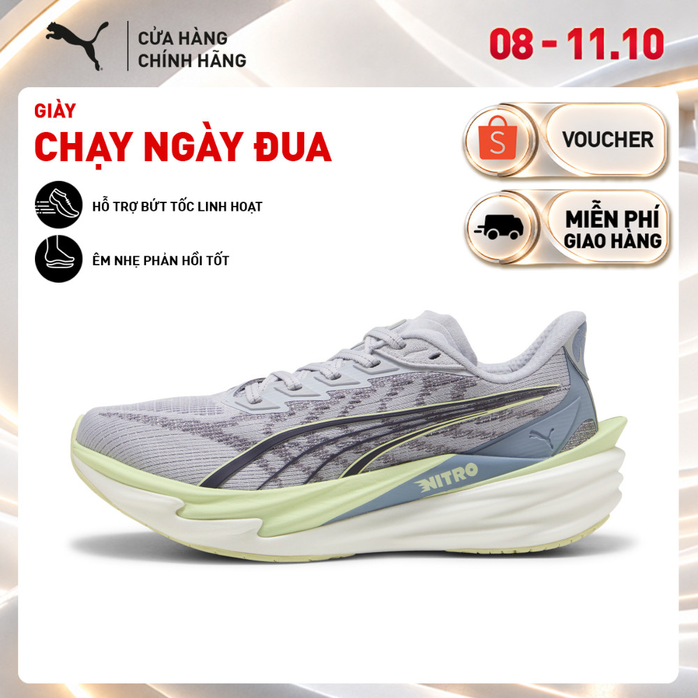 Giày Chạy Bộ PUMA Nữ Deviate NITRO 4 Wns Vibrant Silver-Apple Spritz Màu Xám