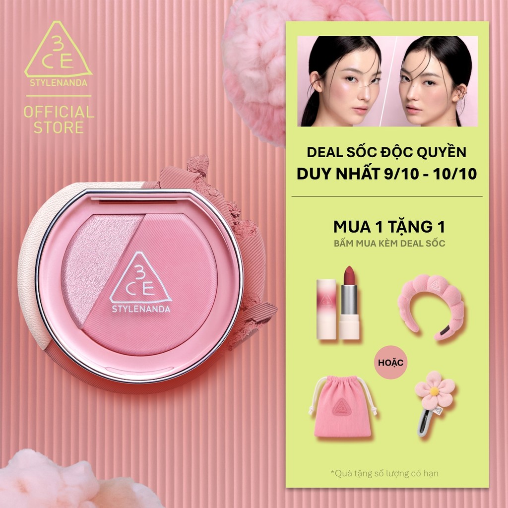 Phấn Má Hồng Bắt Sáng 3CE Blushlighter 2-Trong-1 Đa Năng, Dễ Tán, Tệp Da, Lâu Trôi, Rạng Rỡ Suốt Ngày Dài