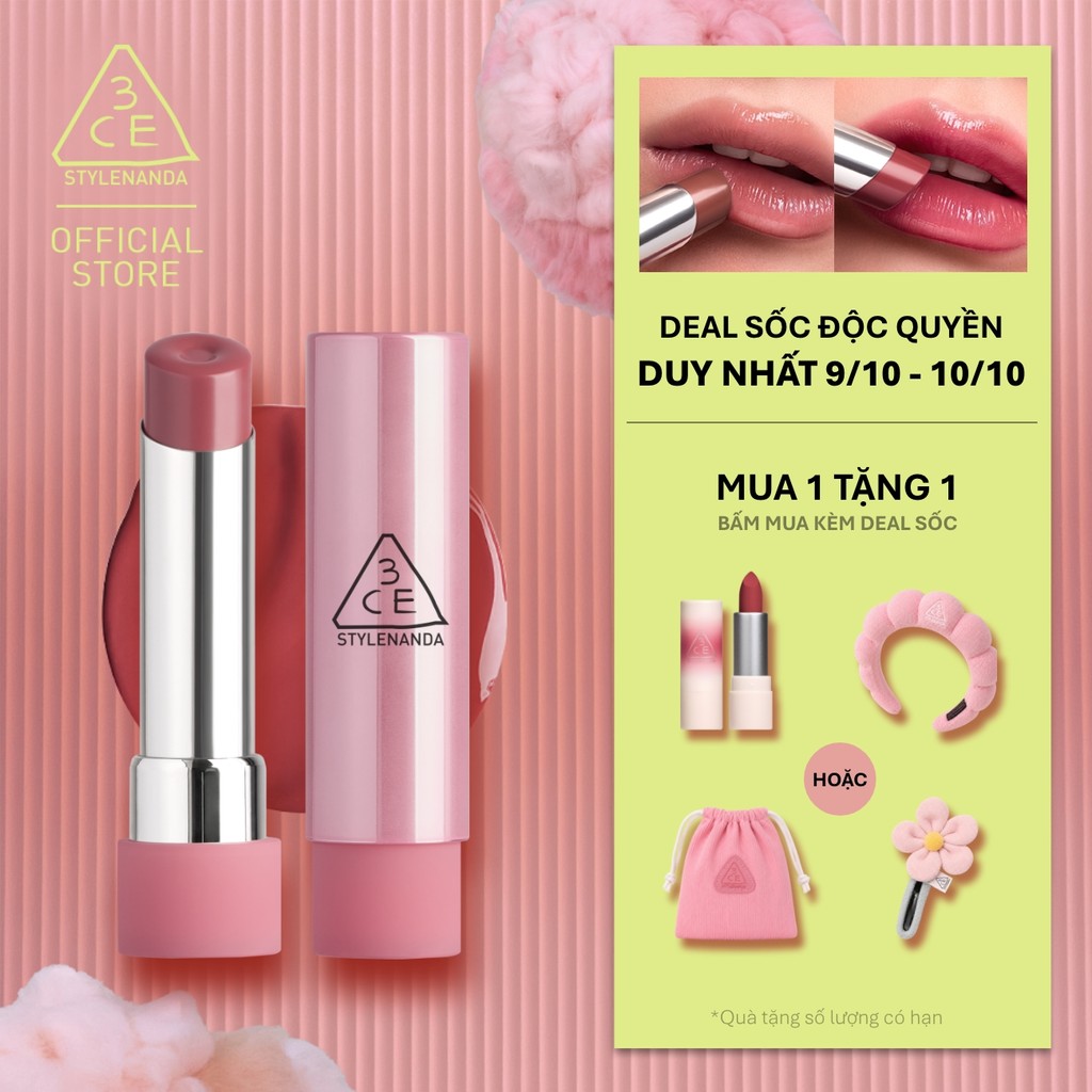 Son Bóng 3CE Glazy Lip Glow Dưỡng Môi Căng Mọng, Mềm Mịn, Lên Màu Chuẩn Sắc, Không Bết Dính, Tự Nhiên