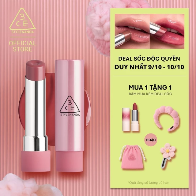 Son Bóng 3CE Glazy Lip Glow Dưỡng Môi Căng Mọng, Mềm Mịn, Lên Màu Chuẩn Sắc, Không Bết Dính, Tự Nhiên