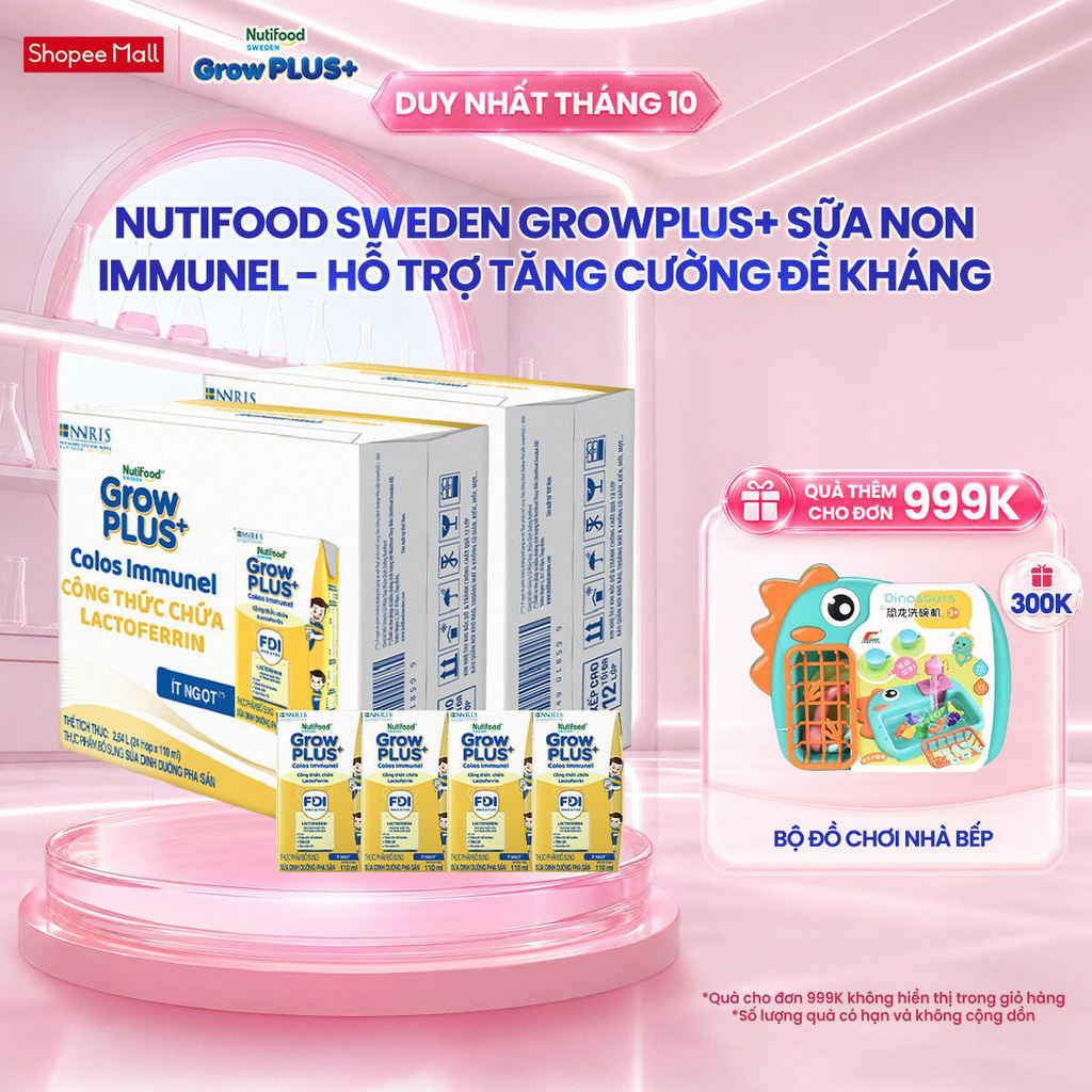 Combo 2 Thùng 24 hộp Sữa Bột Pha Sẵn Nutifood Sweden GrowPLUS+ Sữa Non Immunel hộp 110 ml (Bao bì tuỳ lô hàng)