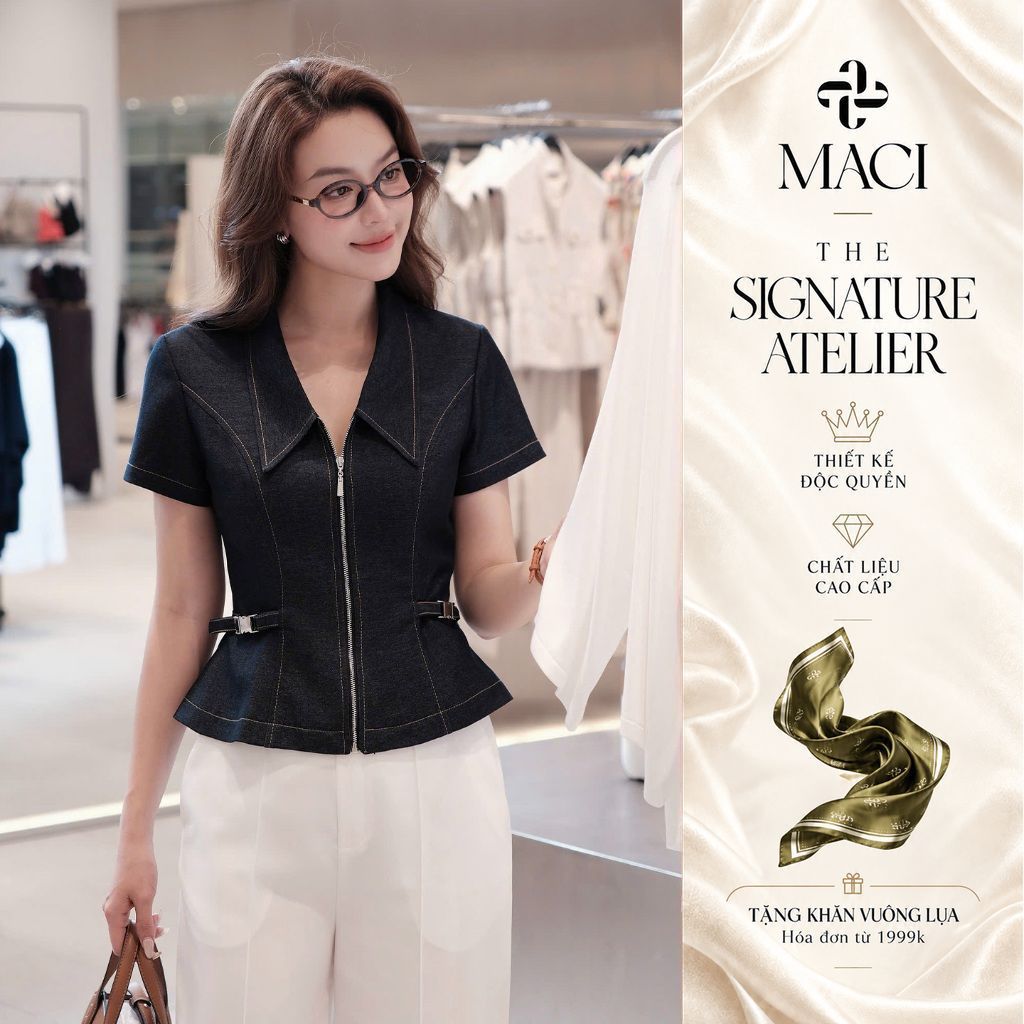 Áo Denim Khoá Đồng Cổ Nhạn Diễu Chỉ MACI MCAABXD0365 Thời Trang Nữ Thiết Kế Độc Quyền