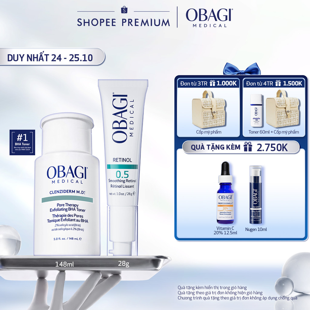 Bộ đôi dưỡng da Dung dịch Obagi Clenziderm M.D BHA Toner 148ml và Kem Dưỡng Đêm Obagi Retinol 0.5 (28g)