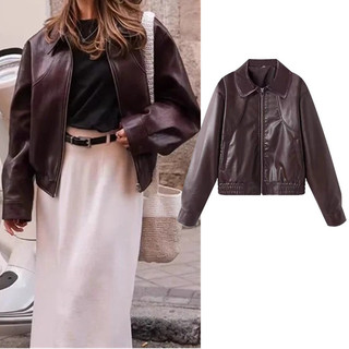 áo khoác Zara made in Morocco da PU mận hoặc đen khóa kéo kiểu dáng moto khỏe khoắn