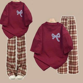 Tổng hợp các sét bộ quần caro đỏ+mix áo phông form rộng -hình NƠ  KẺ CARO tím in ngguc-thubaquanao