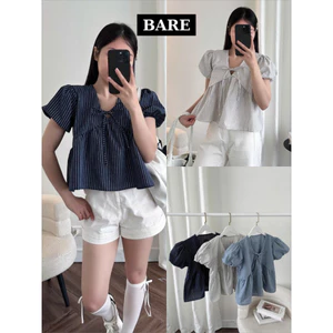 Áo Babydoll Sọc Tay Bồng Buộc Nơ – Kiểu Cổ Chữ V Thắt Nơ Form Xòe Freesize Vintage_A551