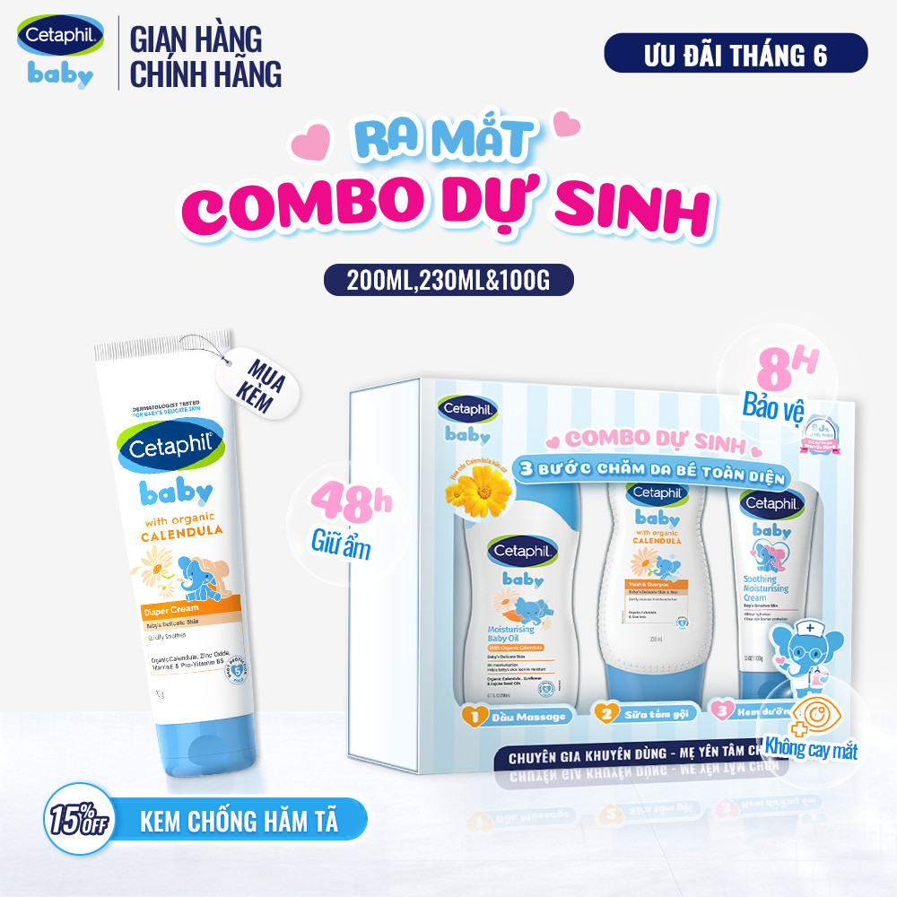 Combo dự sinh 3 bước chăm sóc da bé toàn diện Dầu Massage 200ML + Sữa tắm gội 230ML + Kem dưỡng ẩm 100G Cetaphil Baby