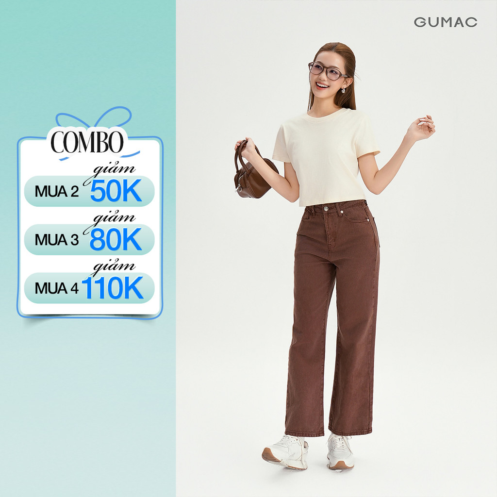 Quần Jean Nữ GUMAC - Gmorning Ống Suông Rộng Denim Cao Cấp Thêu Icon GMOR Màu Nâu Cá Tính YQJF10060