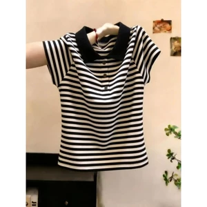 Cổ Polo sọc cổ điển tay ngắn mùa hè nữ thời trang mới áo thun giảm béo giản dị dành cho nữ