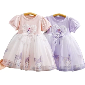 Bé Gái Ngọt Ngào Ngọc Trai Trái Tim Tulle Đầm Tay Phồng Nơ Eo Chắp Vá Lưới Váy Trẻ Em Trang Phục Mùa Hè