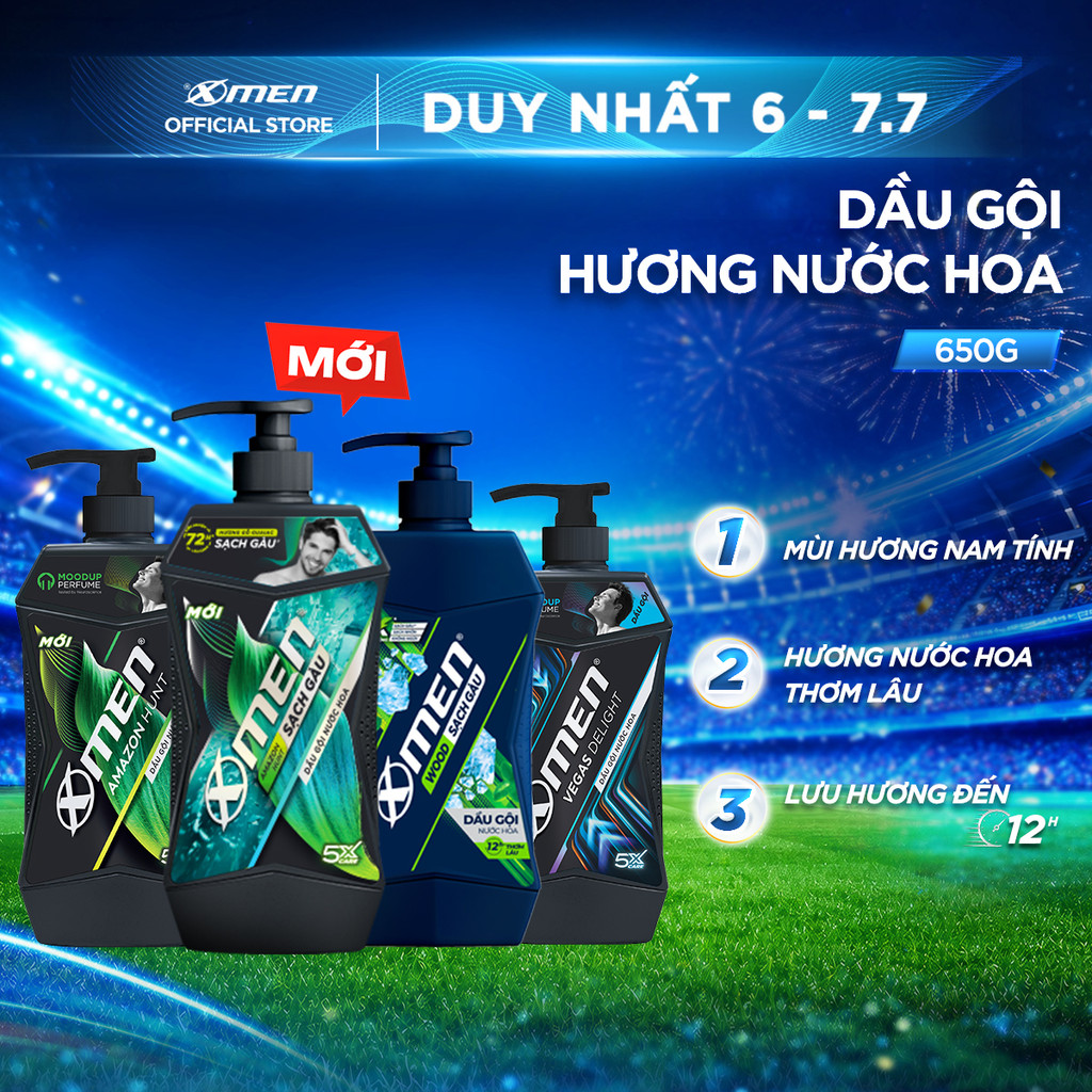 Dầu Gội Sạch Gàu X-Men 650g/630g/610g (Amazon/Vegas/Wood/Fire) - Sạch Sâu, Hương Gỗ Nam Tính