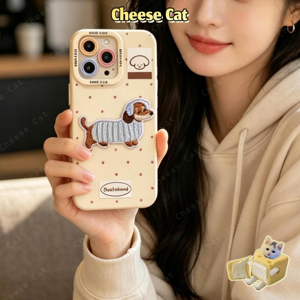 Ốp điện thoại màu hồng chấm bi thêu dễ thương Dachshund xanh sữa vàng cho iPhone 13 14 11 12 15 16 17 Pro Max Xs Max XR