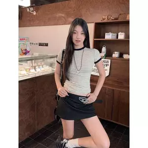 Áo thun ngắn tay cổ tròn sọc màu tương phản phong cách Hàn Quốc mùa hè Khâu thiết kế thích hợp Hot Girl Slim