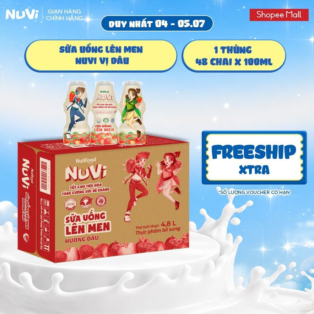 Thùng 48 Chai Sữa Uống Lên Men NuVi Vị Dâu 100ml