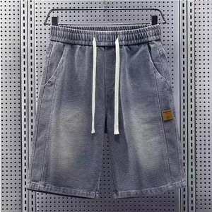 Quần short denim eo co giãn dây rút, unisex, dáng rộng cổ điển, quần short dài đến đầu gối đa năng