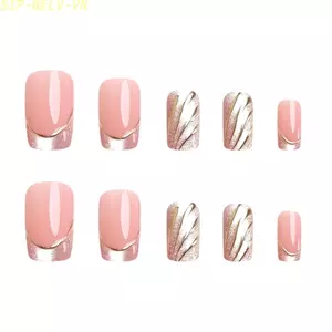 {WELV}24PCS FOR french Cat Eye Press On Nails Medium Length Nude Pink Glitter Gel