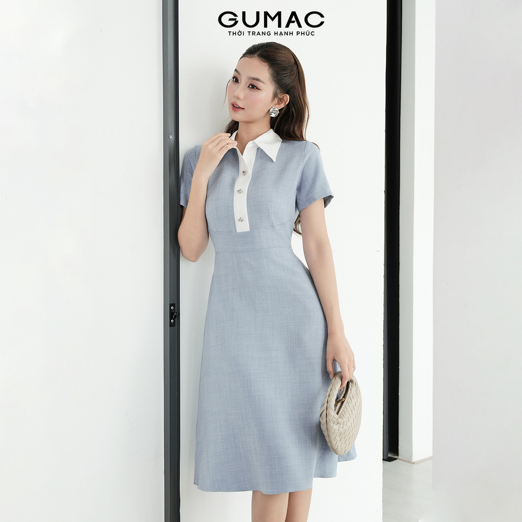 Đầm Nữ Dáng A Xòe GUMAC Kiểu Cổ Sơ Mi Phối Vải Trắng Đính Nút Bạc Chất Cotton Xược Đứng Form DF09001