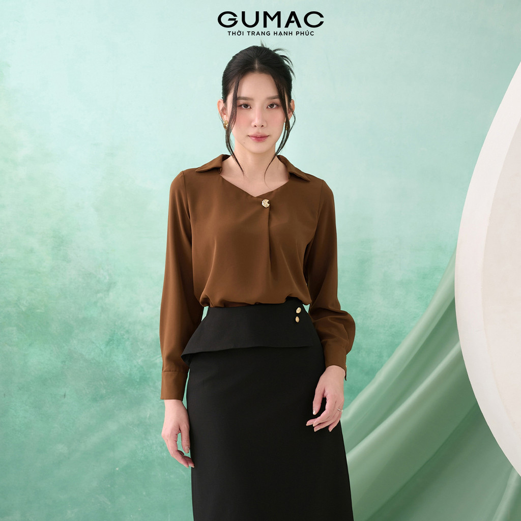 Áo Sơ Mi Nữ Kiểu Dáng Suông Tay Dài Cổ Vuông Cách Điệu Có Lá Cổ Sơ Mi Thời Trang GUMAC AF07028