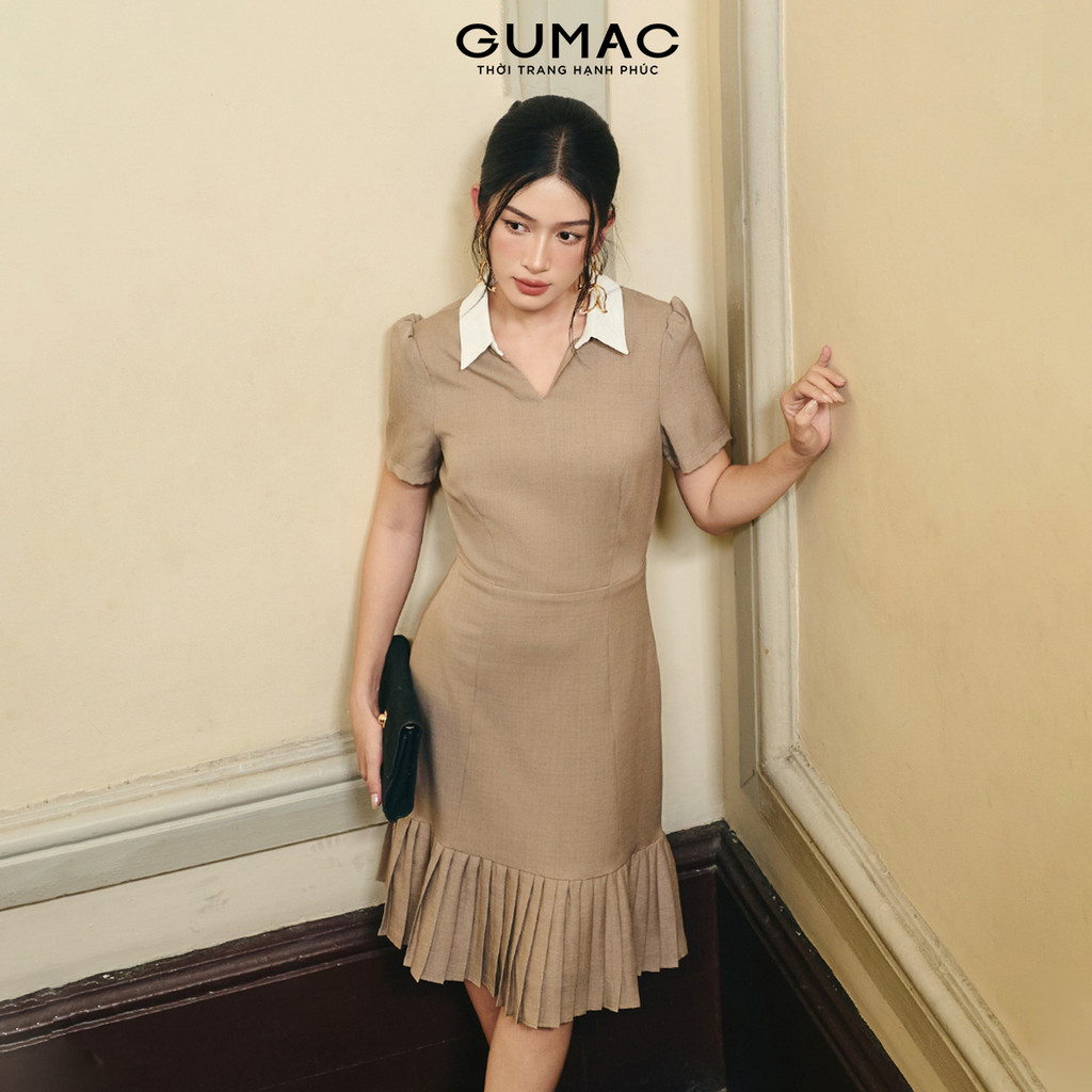 Đầm Nữ Form A Xòe GUMAC Cổ Sơ Mi Phối Trắng Kiểu Dập Ly Lai Điểm Nhấn Thanh Lịch DF10074