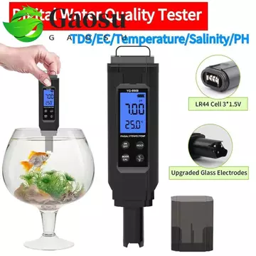 Bút kiểm tra nước gia đình GAOSU, Máy đo chất lượng nước chống nước 5 trong 1, Bút kiểm tra Màn hình kỹ thuật số LCD Máy đo PH kỹ thuật số đa chức năng có độ chính xác cao Bể bơi