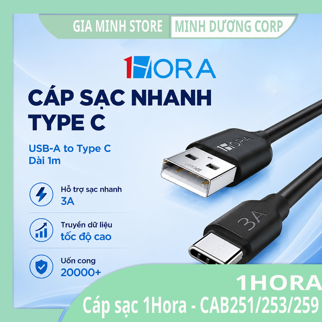 Dây Cáp Sạc Nhanh 1HORA CAB251/CAB253/CAB259 - USB to Type C - Dài 1M  - Chính Hãng