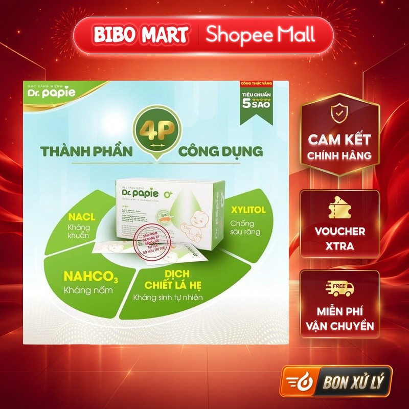 [KOL] Gạc Rơ Lưỡi Dr.Papie Vệ Sinh Răng Lưỡi Nướu và Khoang Miệng Sâu Răng Cho Bé 30 Miếng/Hộp