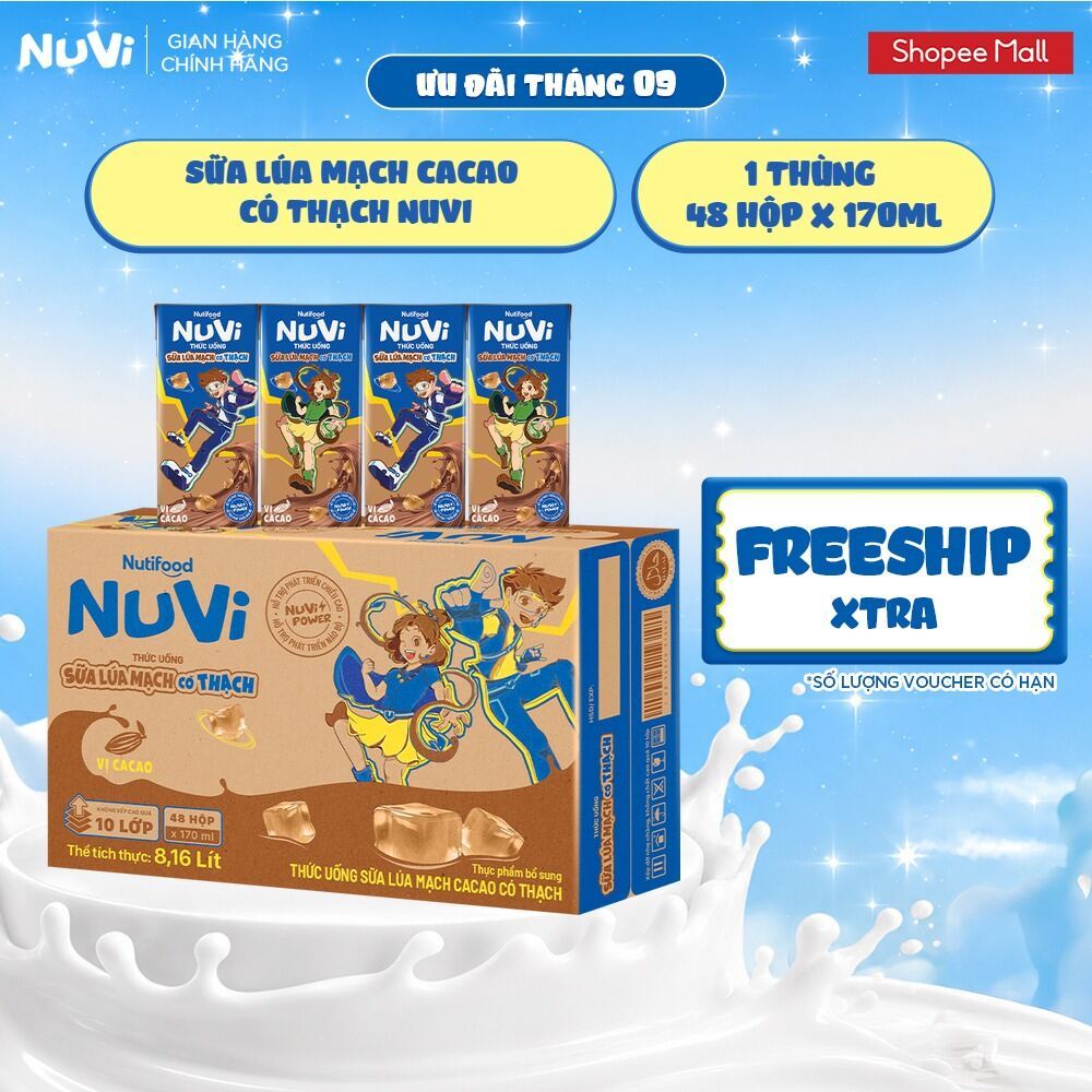 Thùng 48 Hộp Thức Uống Sữa Lúa Mạch Cacao Có Thạch NuVi 170ml