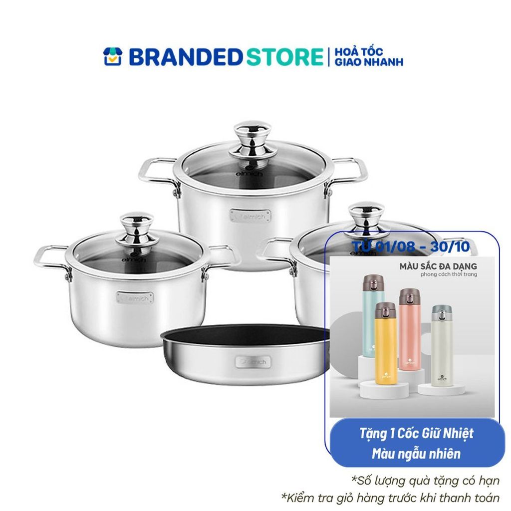 Bộ nồi Inox dập nguyên khối Elmich Trimax Classic EL-2110OL Size 18, 20, 24, chảo 26cm