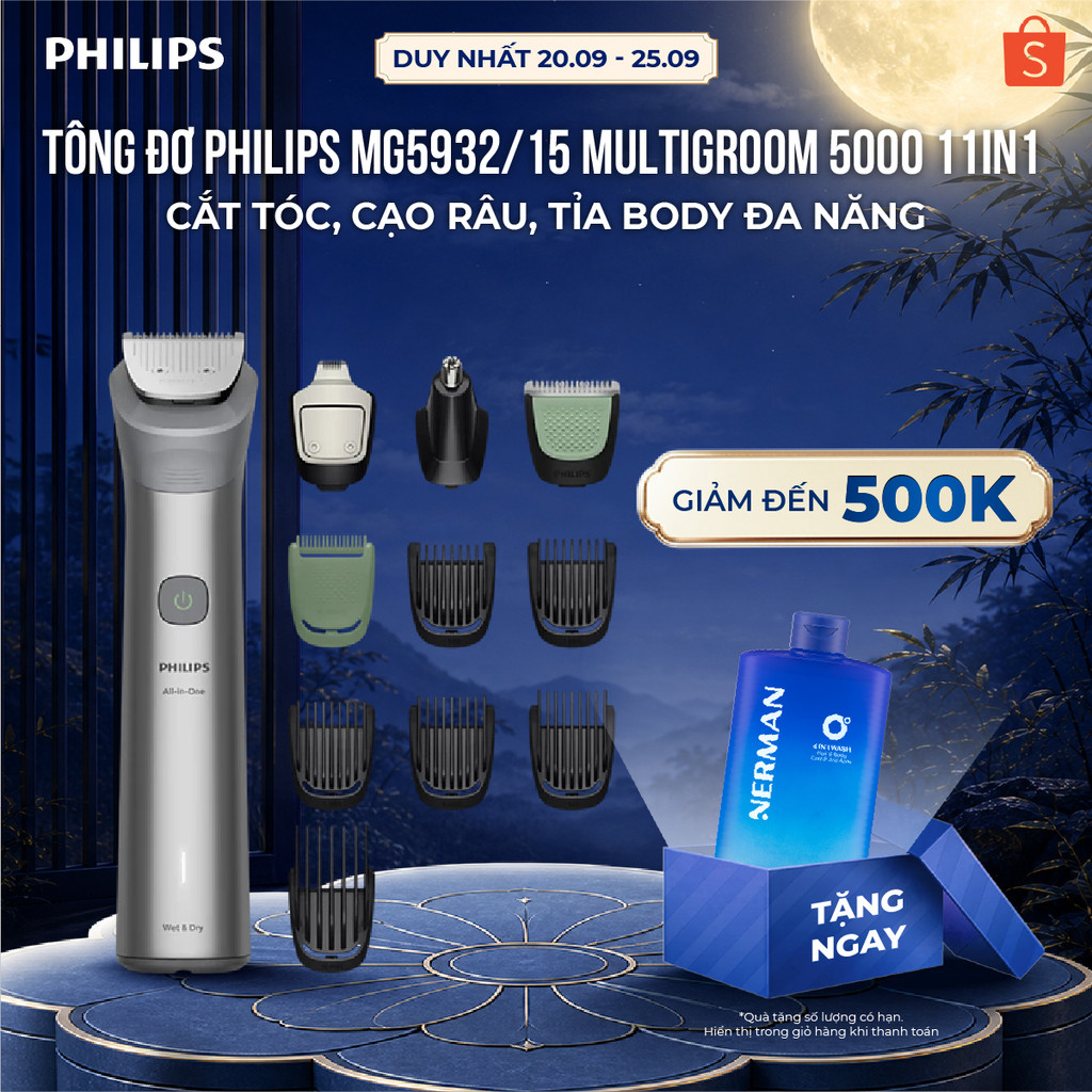 Tông đơ Philips MG5932/15 Multigroom 5000 11in1 cắt tóc, cạo râu, tỉa body đa năng