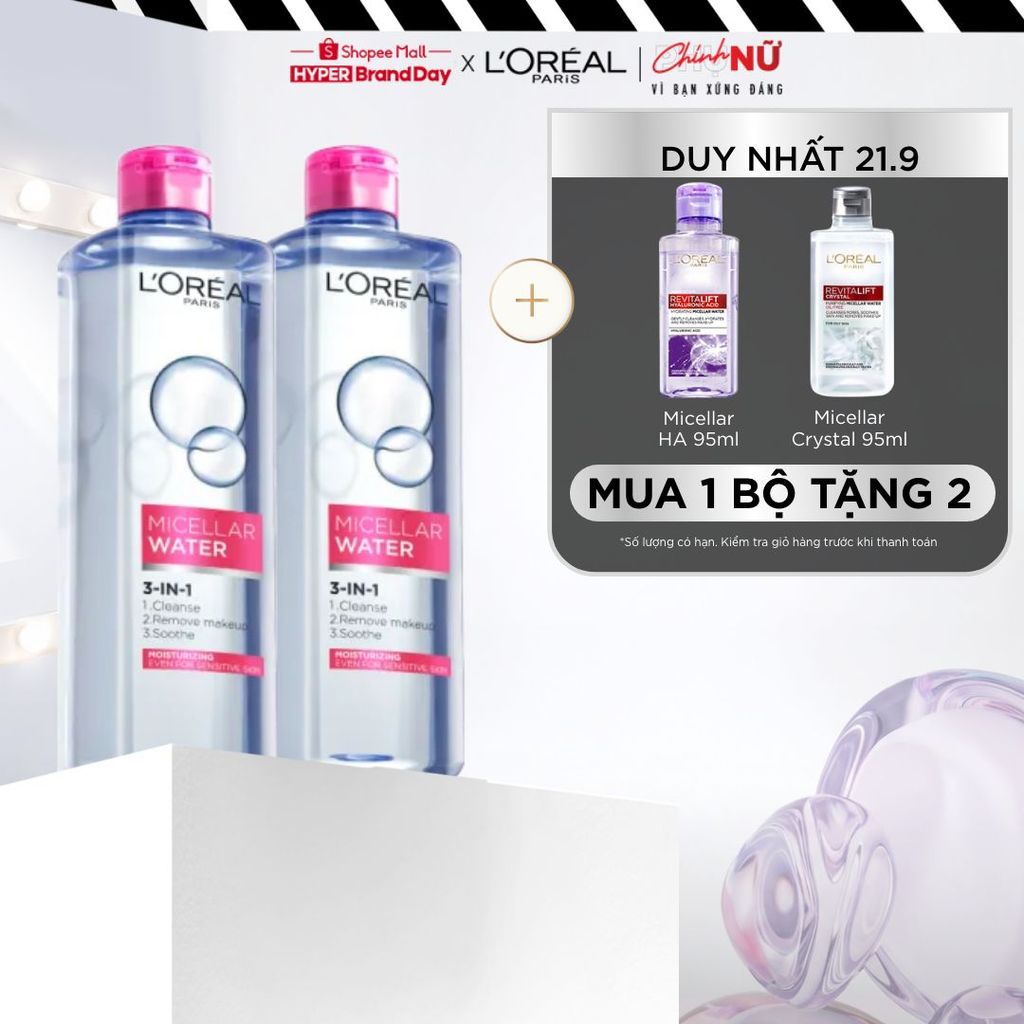 Bộ 2 nước tẩy trang dưỡng ẩm mượt da 3in1 L'Oreal Paris Micellar Water 400ml