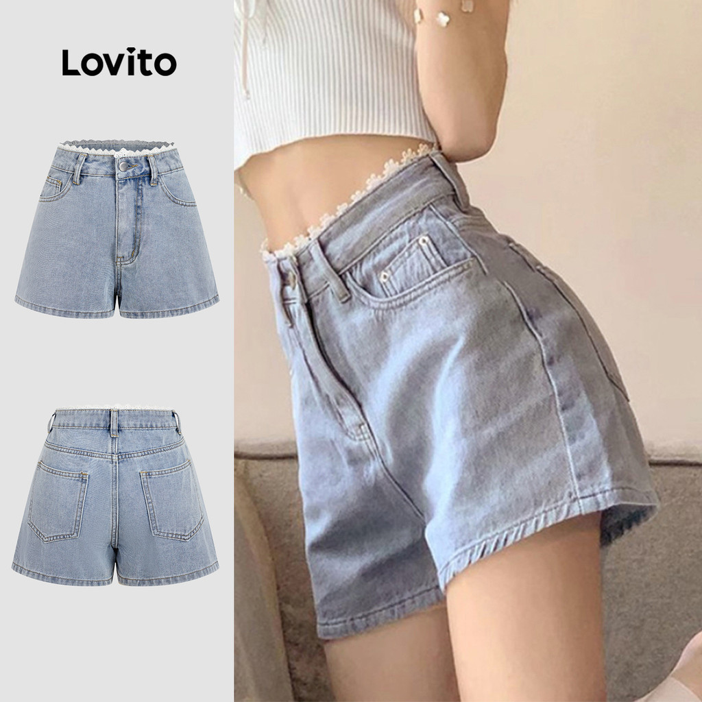 Lovito Phong cách thường ngày Quần Short Denim Dễ Thương Thích Hợp Mặc Hàng Ngày Đi Làm Đi Nghỉ Mát Du Lịch Có Khóa Kéo Và Nút Cài Màu Xanh Dương Thích Hợp Cho Mùa Xuân/hè Quần Short Denim Nữ Màu Xanh Dương L179AD164