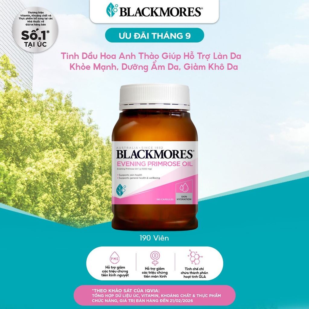 [Date T6/T10.27] Tinh Dầu Hoa Anh Thảo Hỗ Trợ Da Khỏe Mạnh, Dưỡng Ẩm Da, Giảm Khô Da Blackmores Evening Primrose Oil
