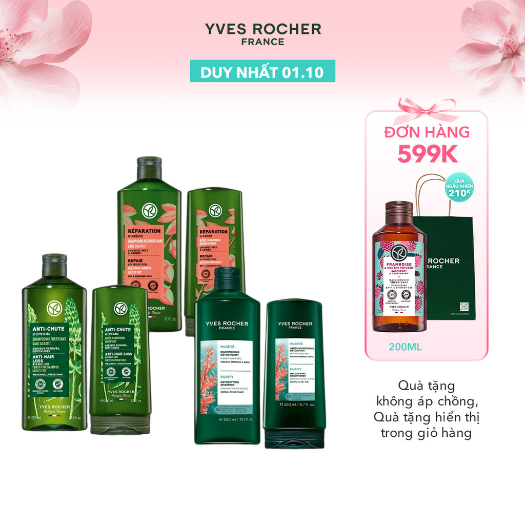 Bộ gội xả thiên nhiên không Sulfate không Silicon Yves Rocher 300mlx200ml (nhiều phân loại)