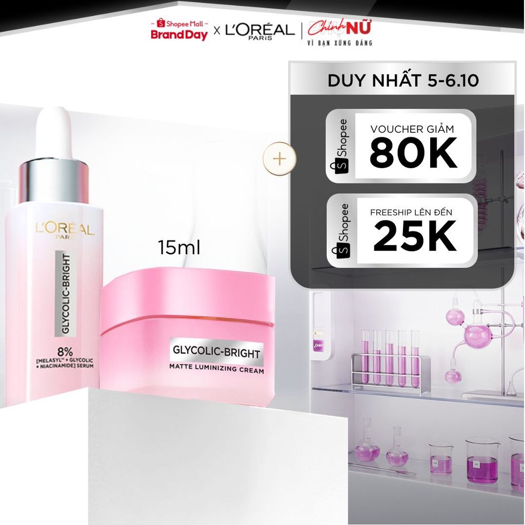 Bộ serum & kem dưỡng sáng da đột phá MelasylTM mờ thâm mụn, nám L'Oreal Paris Glycolic Bright 30ml, 15ml