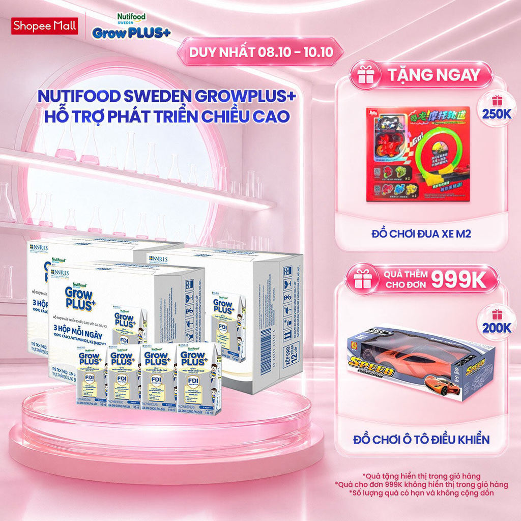 Combo 3 thùng 24 hộp Sữa Bột Pha Sẵn Nutifood Sweden GrowPLUS+ Cao lớn vượt trội 110 ml