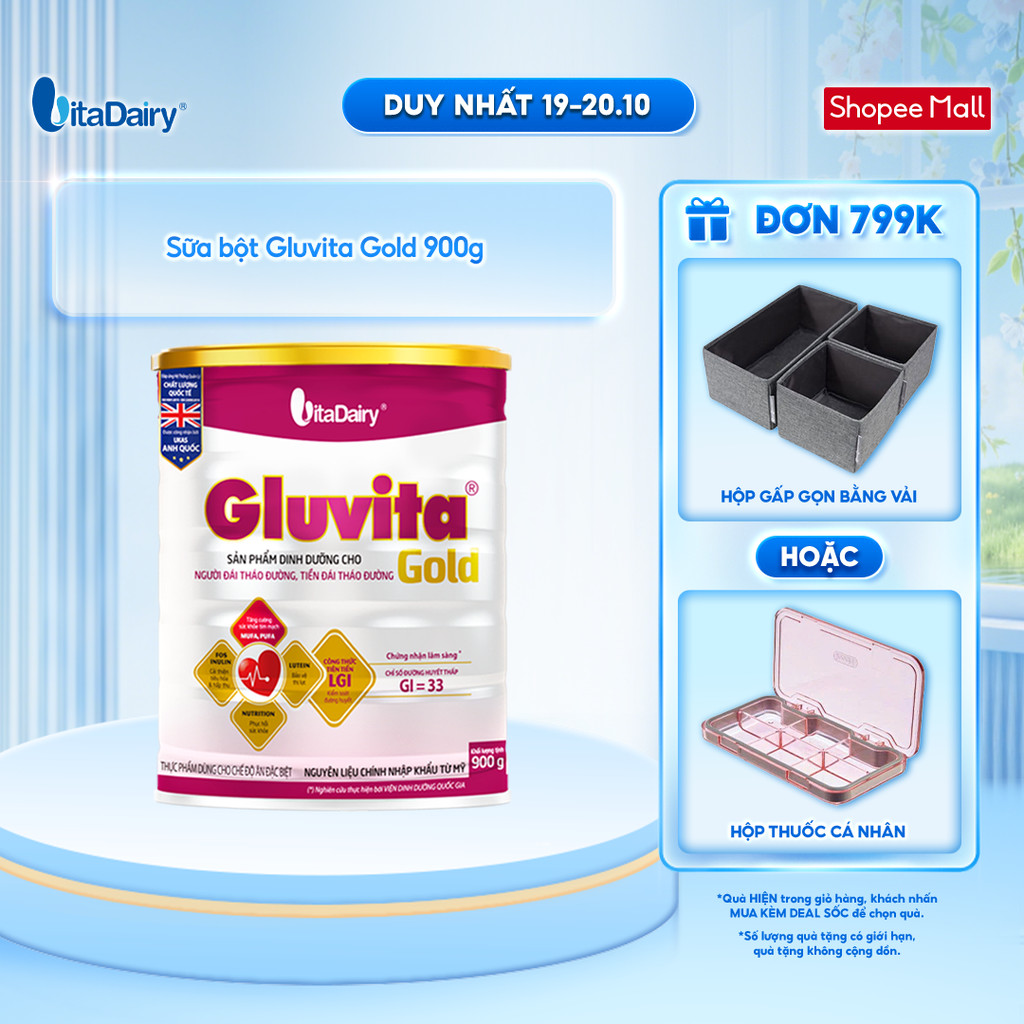 Sữa bột Gluvita Gold dành cho người tiểu đường - Giúp kiểm soát đường huyết - Lon 900g